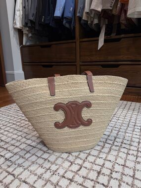 Celine Straw Tote with Brown Leather Logo and Handles